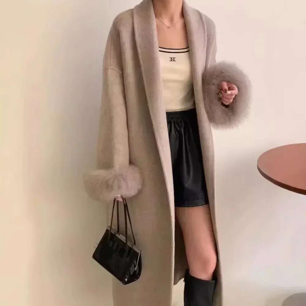 Cuffs Long Woolen Real Fox Fur Jacket Female 2024 Autumn Winter New Bathrobe Double-Sided Cashmere Coat Women