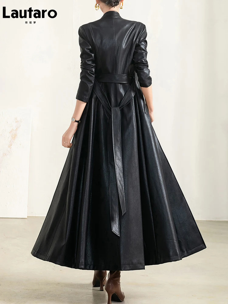 Lautaro Spring Autumn Long Black Soft Waterproof Faux Leather Coat Women Belt Sleeve Single Breasted Fashion 241115