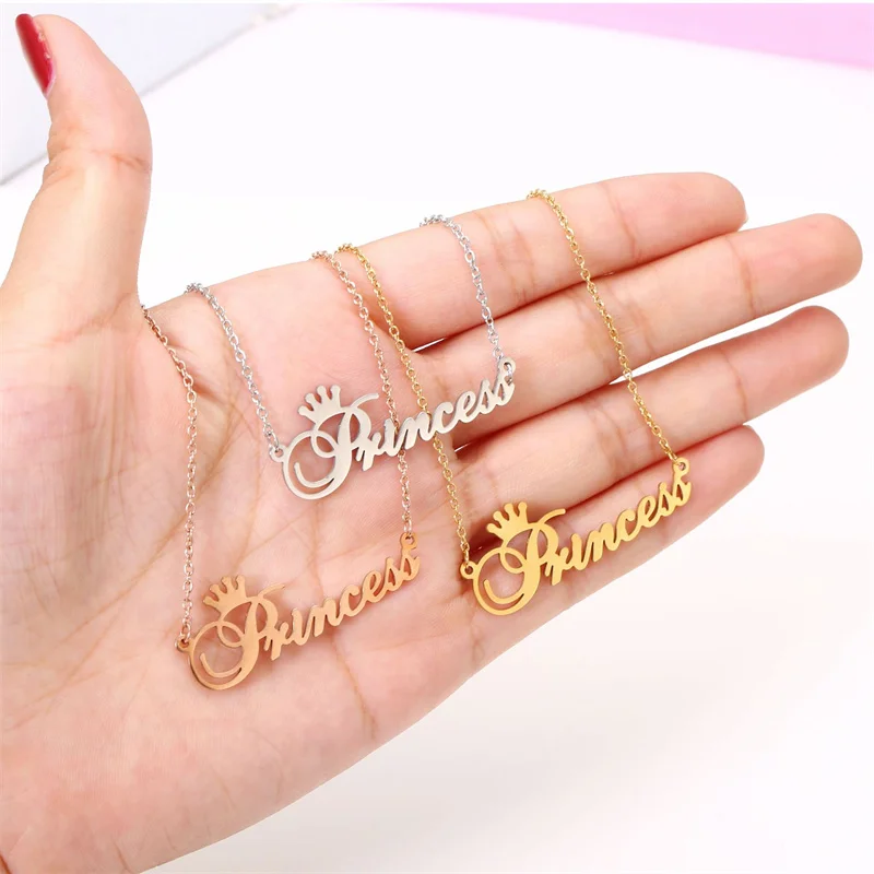 10PCS Cute Cursive Letter Crown Princess Necklace for Babygirls Script Dear Little Princess Stainless Steel Clavicle Choker for Women Female Girl Chai