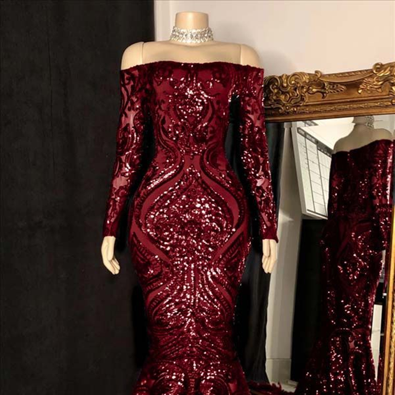 Glitter Burgundy Sequins Lace Prom Dresses Off Shoulder Long Sleeves African Black Girls Feathers Mermaid Formal Events Evening Gown 2025 Special Occa