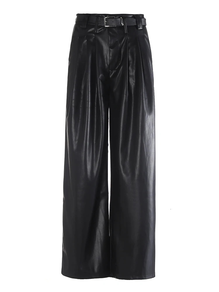 IEQJ High Street Pu Leather Straight Pants Womens Waist Medium Length Fashion Autumn Clothing 3WM2094 241115