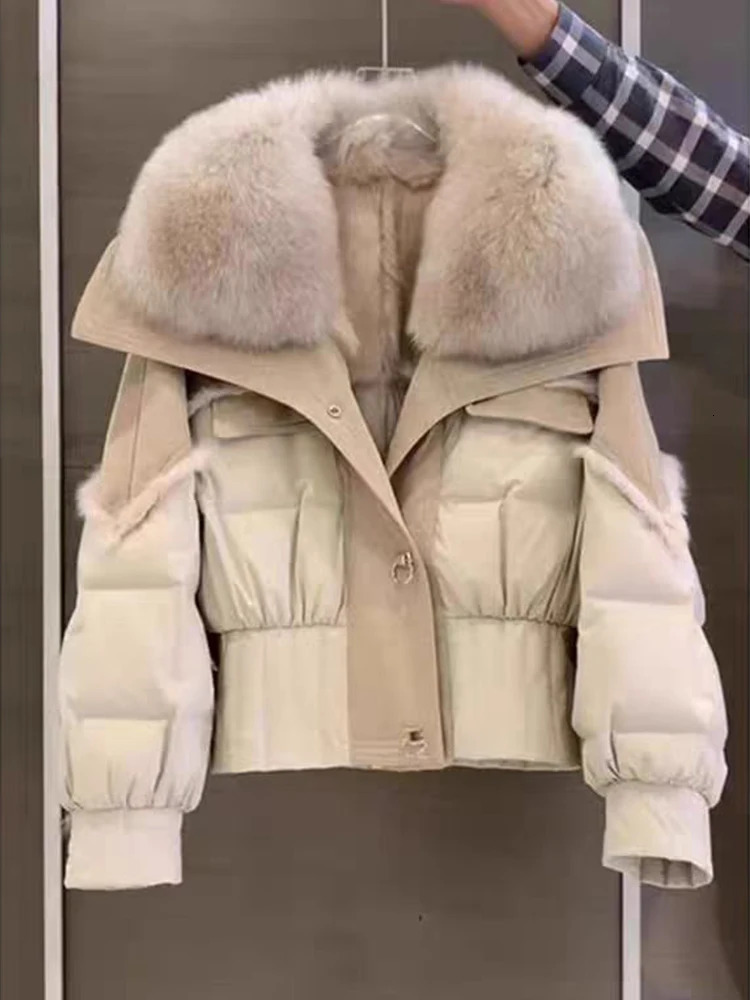 Womens down jacket 2024 winter 100 natural fur collar Short sheepskin fabric Equipped with rabbit inner lining coat 241115