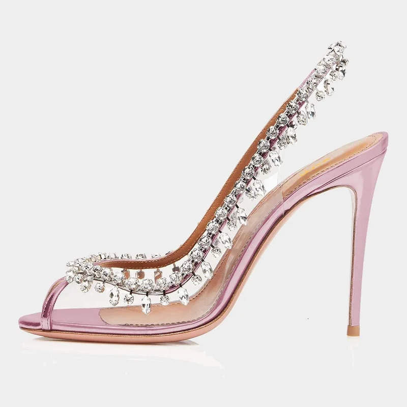 Silver Pink PVC Clear Heeled Sandals Women Pumps Sexy Rhinestones Thin High Heels Shoes Pointed Toes Party Nightclub Sandals 241115
