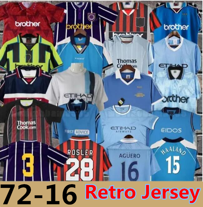 Retro Man City Soccer Jerseys 72 98 99 00 11 12 1998 1999 2000 2011 2012 16 Haaland EIDOS Gallagher WEAH Tevez Kun Aguero Dzeko Kompany Vintage Manchester Shirts Classic