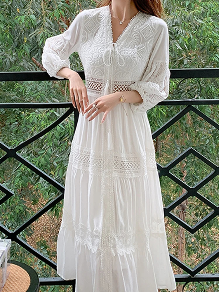White Long Dress Women Summer Boho Lace Dresses Female Beach Holiday Hollow Out Ladies Elegant Vintage Loose Vestidos 240415