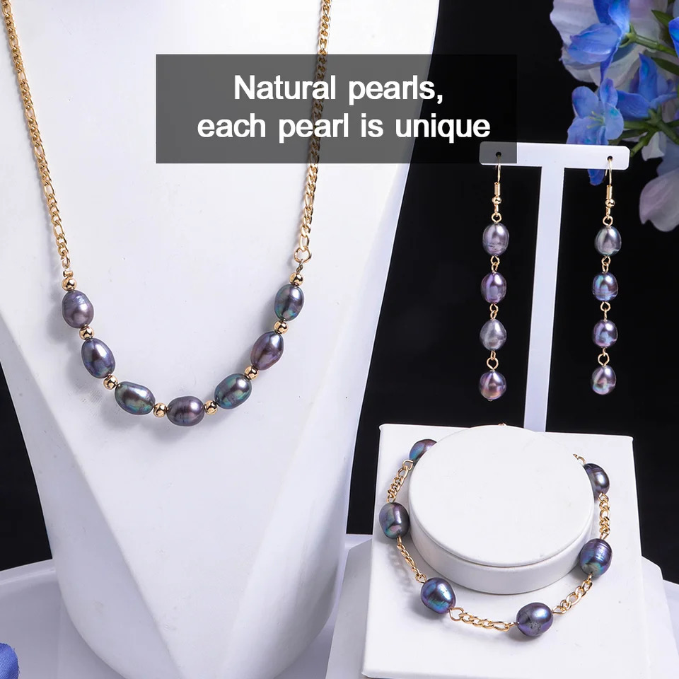 Cring Coco Womens Necklace Set Fashion Hawaiian Black Pearl Jewelry Set Freshwater Baroque Bracelet Earrings Jewelry Set 241115