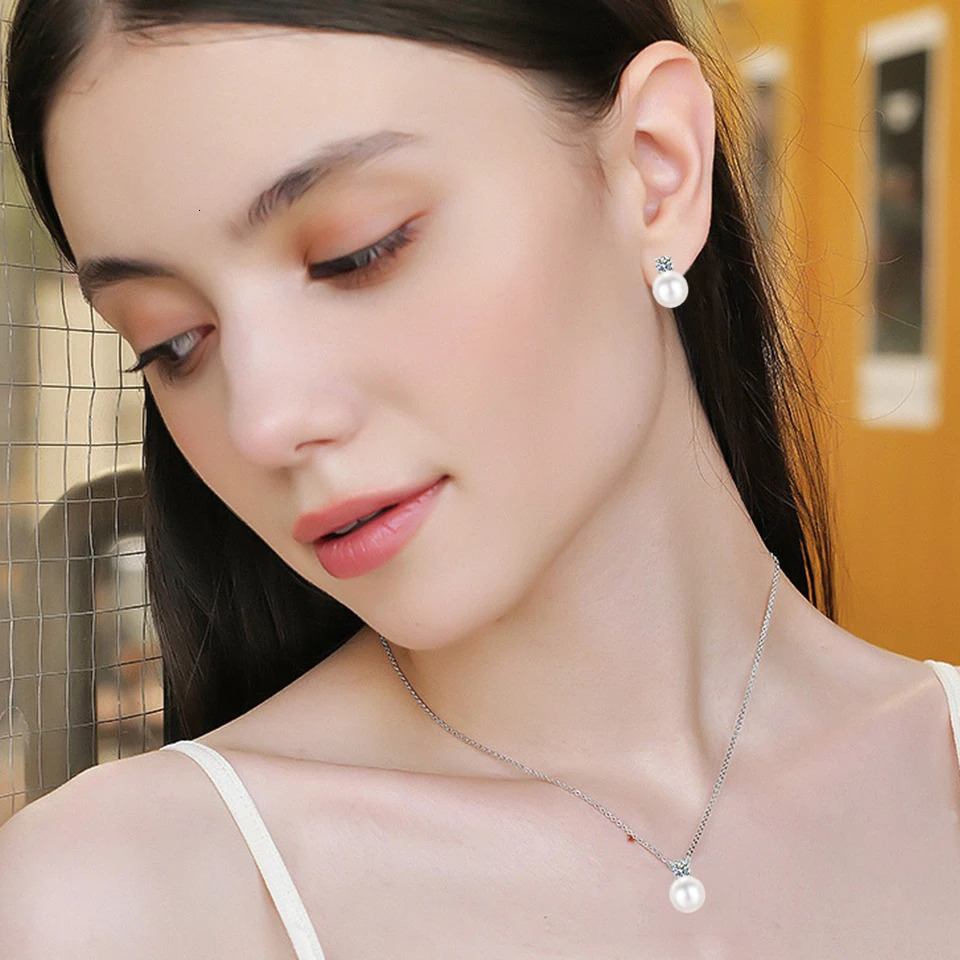 D Color Pearl Jewelry Set for Women 4mm Diamond Pendant Necklace Earrings Wedding Anniversary Gift 241115