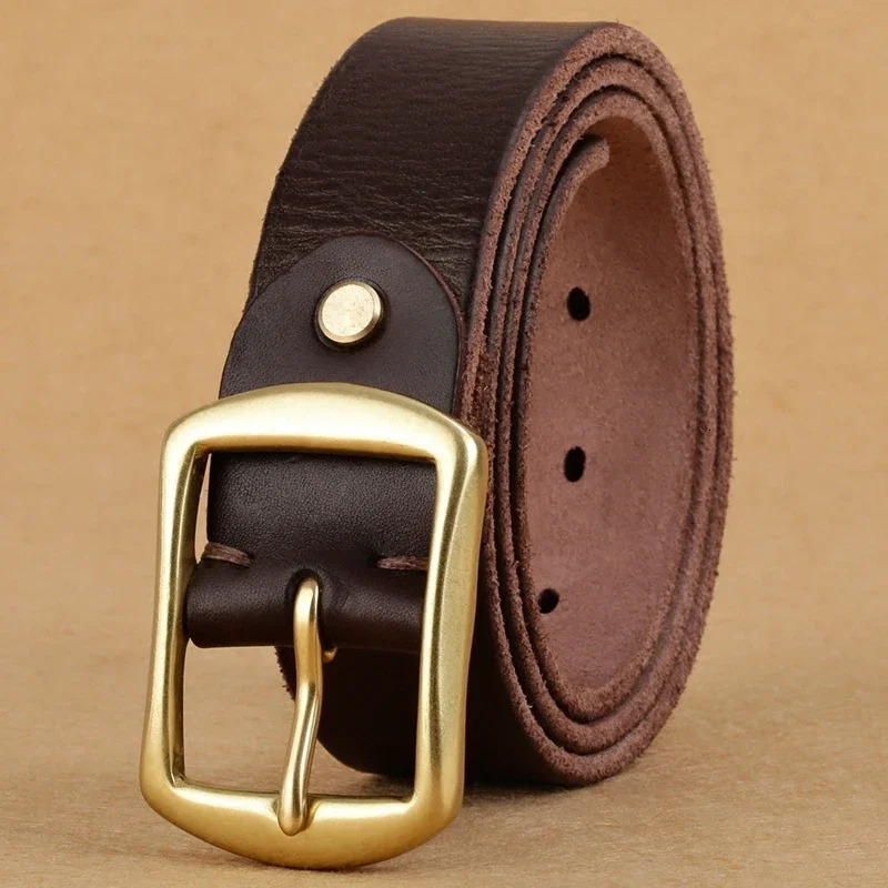 Handmade belt trendy leather clip buckle simple one layer genuine pure cotton mens and womens copper buckle strap versatile old 241115