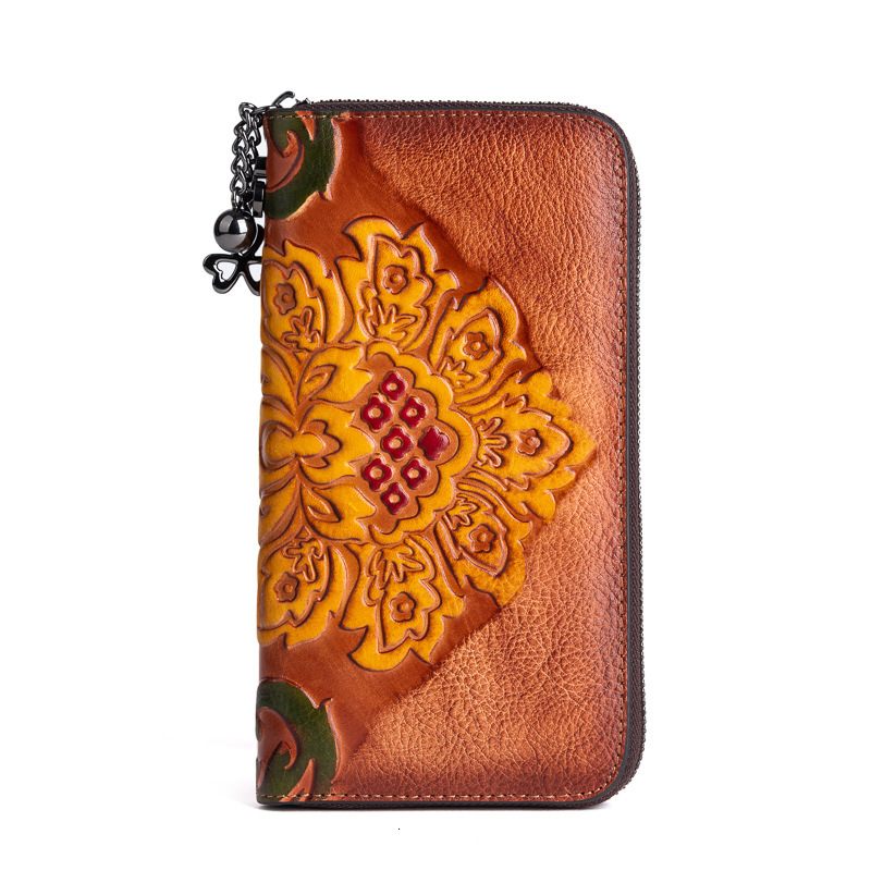 Designer's new wallet with vegetable tanned cowhide and polished color, long style, wallet, women's hand-held zipper bag