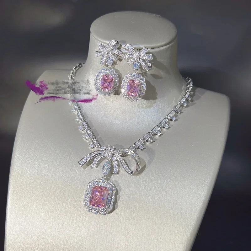 Bow Lab Pink Diamond Jewelry Set 14K White Gold Engagement Wedding Earrings Necklace Female Bride Promise Gift 241115