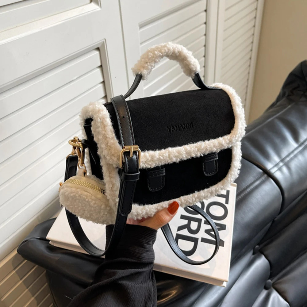 DHXJ Women Fashion Shoulder Vintage Fluffy Satchel with Coin Purse Pouch Top Handle Bag for Autumn and Winter 241115