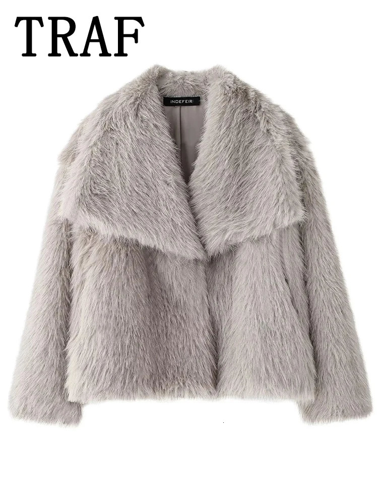 TRAF Faux Fur Cropped Jackets for Women Coats Thick Warm Soft Jacket Woman 2024 Long Sleeve Casual Winter Coat In Outerwear 241115