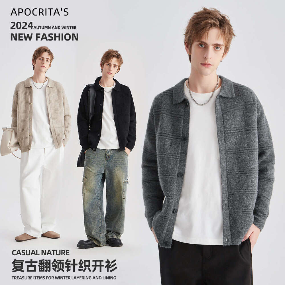 APO Wear | Men's Knitted Cardigan Coat Thick Autumn/Winter High End Korean Edition Lazy Loose Collar Sweater