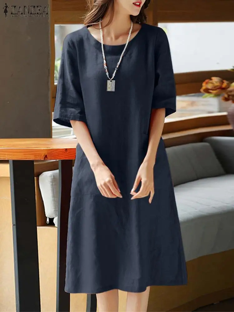 ZANZEA Summer O Neck Half Sleeve Sundress Women Vintage Solid Cotton Dress Robe Femme Casual Loose Beach Vestido Kaftan 240415