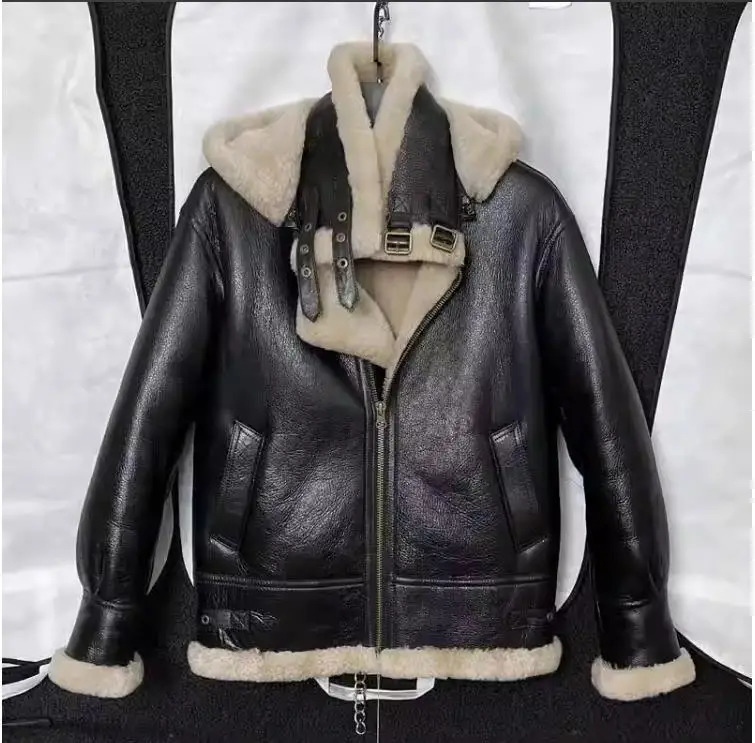 CC store is the Mens 100% genuine leather jacket with hat High quality winter warm coat Sheepskin and wool Black cut fabric 241115