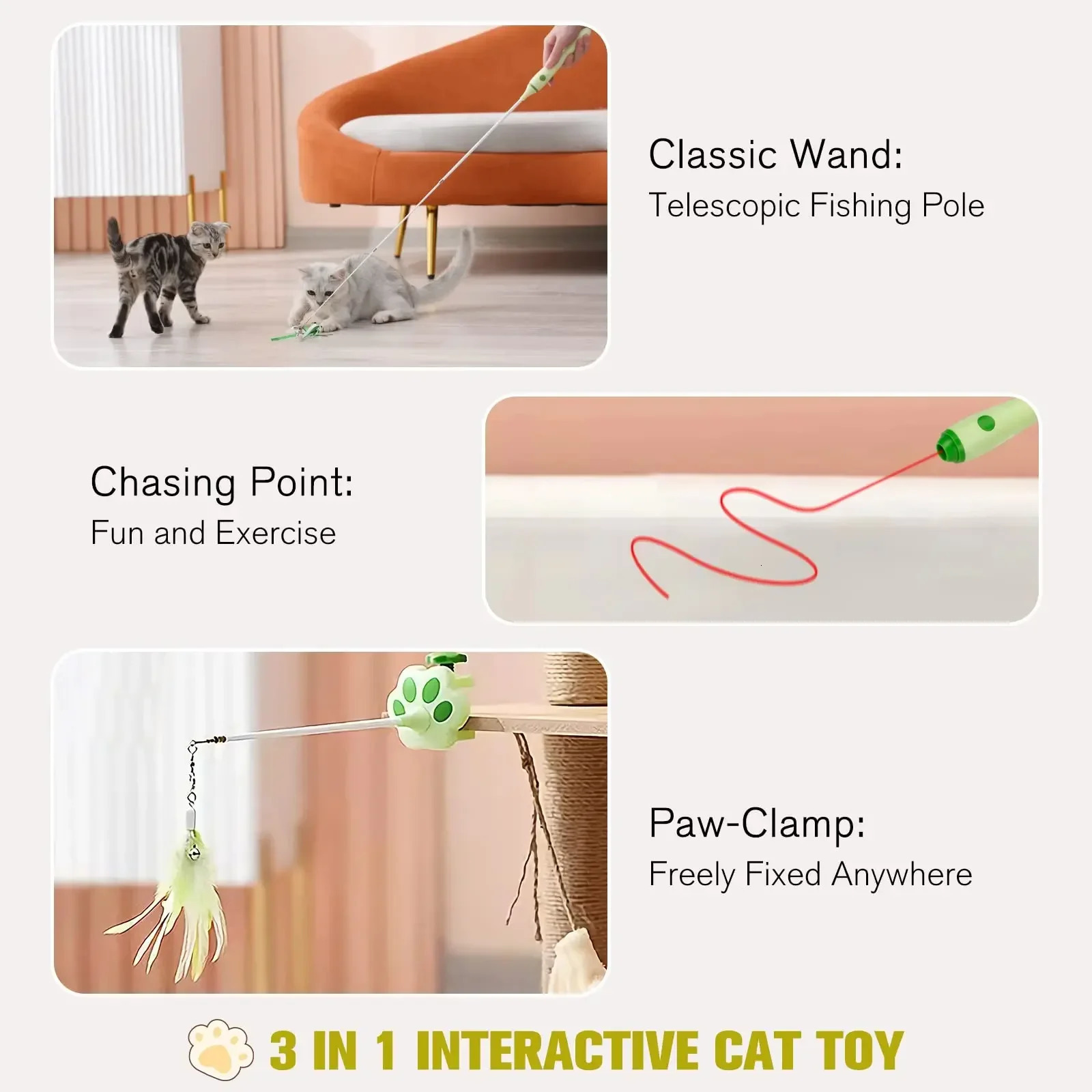 Retractable Cat Sticks Laser Cat Toy Interactive Feather Teaser Wand Toys Pet Kitten Game Fishing Pole Self Playing Hanging Toys 240411