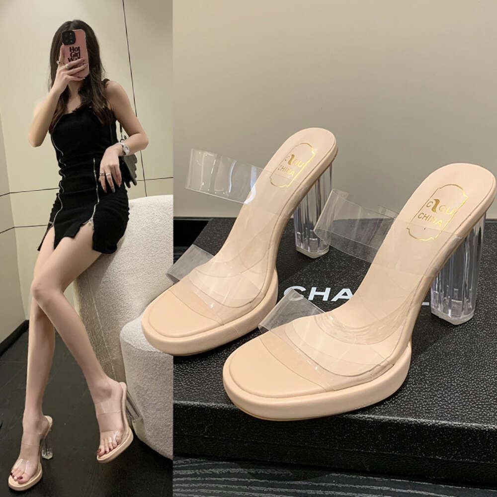 Women's High Heel Summer New Line with PVC Outwear Fashion Crystal Heels Slippers Ladies ddmythur