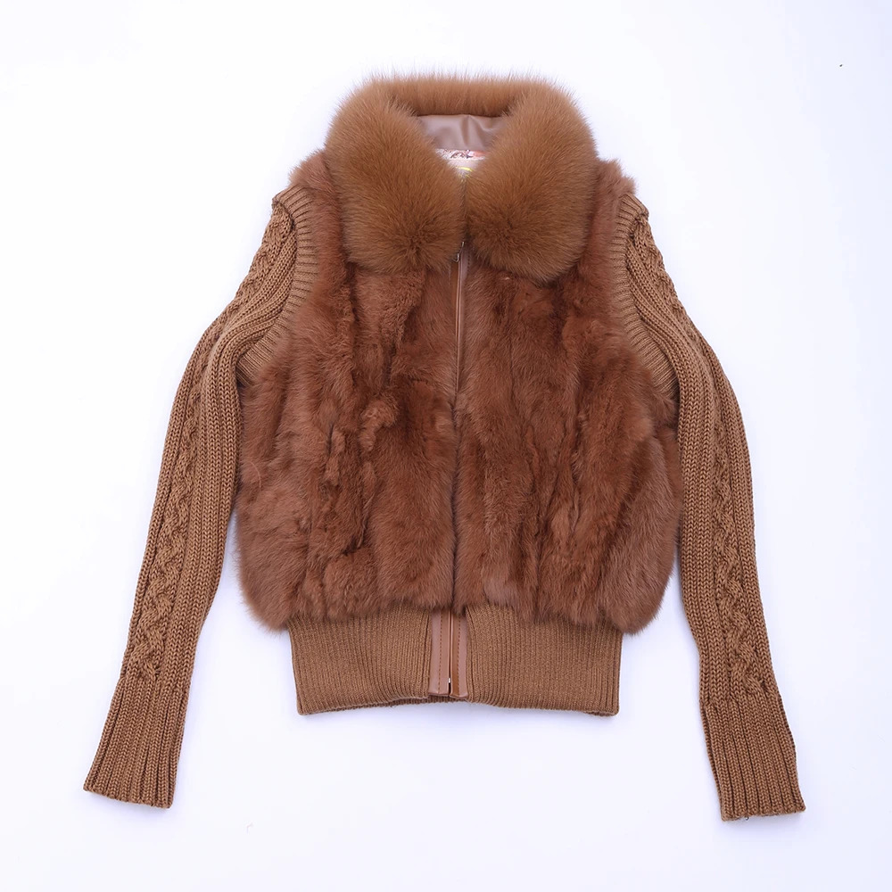 Womens Genuine Real Rabbit Fur Fox Collar Knitting Sleeve Winter Coat Jacket Casual Short Outwear Slim 241115