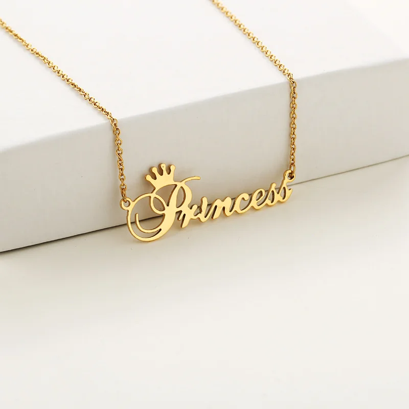 10PCS Cute Cursive Letter Crown Princess Necklace for Babygirls Script Dear Little Princess Stainless Steel Clavicle Choker for Women Female Girl Chai