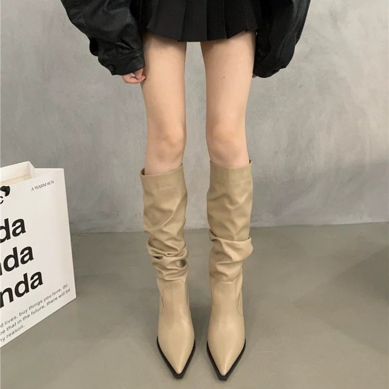 Pointed Pleated For Women In Autumn 2024 Trendy Thin Stacked High Heel Below Knee Long Barrel Boots