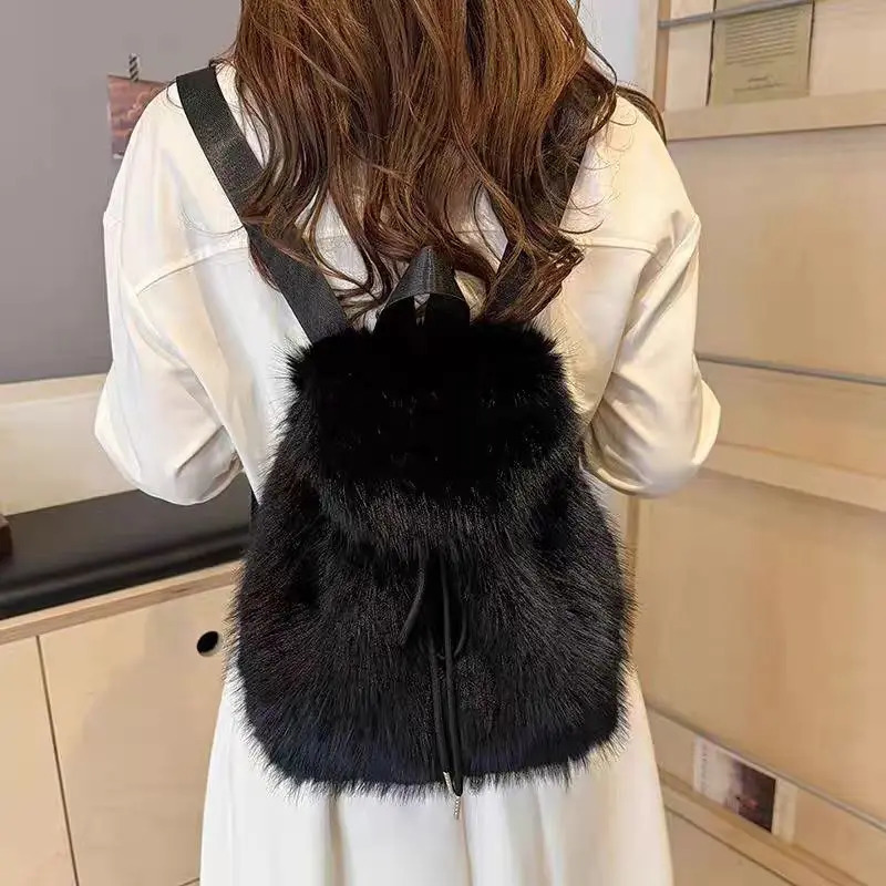 Plush Backpack Women Small Cute Drawstring Fluffy Bag Solid Soft Fleece Knapsack Winter Warm Fox Fur Mini Rucksack Sac 241114