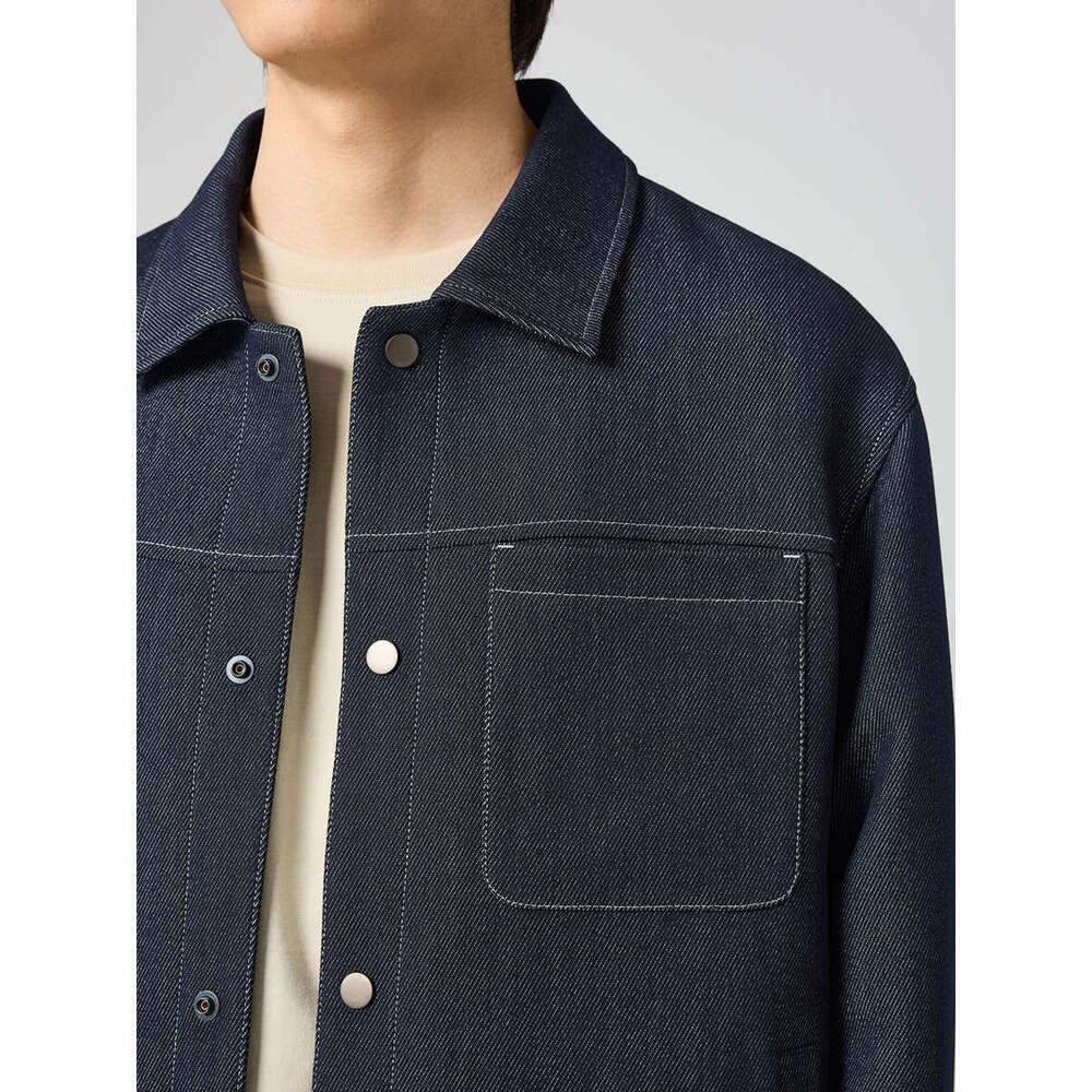 Momaike Minimalist Casual Denim 2024 Autumn Fashion Bright Line Lapel Men's Jacket 80730