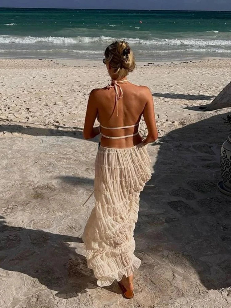 Fashion Folds Halter Top Long Skirt Sets Women Spring Summer Beach Backless Sling High Waist Skirts Female 2 Piece 240415