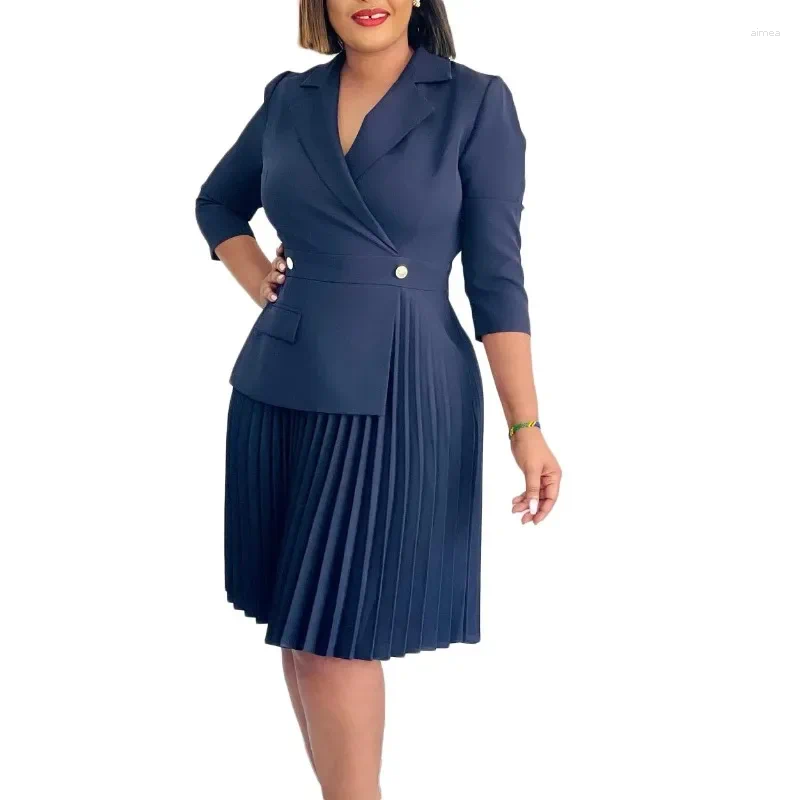 Casual Dresses Elegant For Women Blazer Turn Down Collar Pleated Modest Church Office Ladies Work Wear Female Slim Autumn B4
