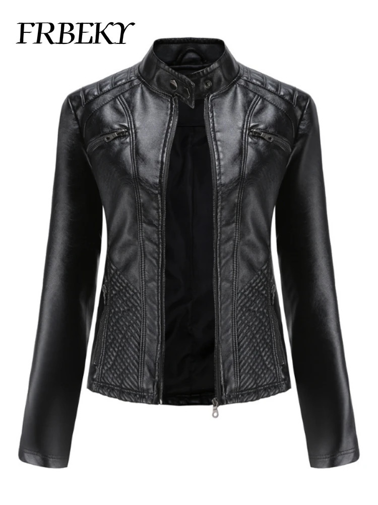 Women coat Autumn Casual Leather Jacket Standing Collar Long Sleeve Slim Solid Color Coat Streetwear Zipper 241115