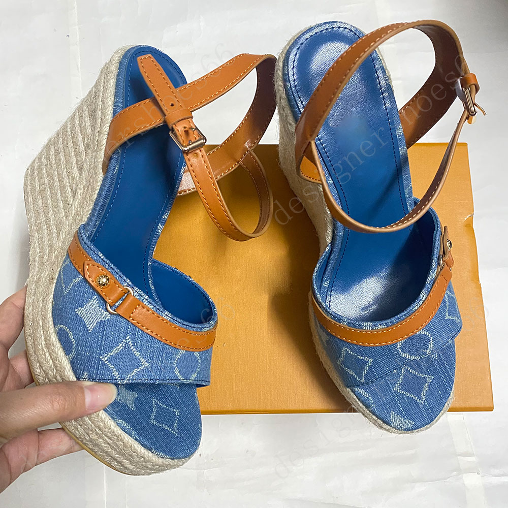 Helio Wedge Sandal 1ACIZP blue denim sandals Ladies sandal Luxury Sandals Classic retro sandals Anti slip Rubber sole outsole wedge sandals Vacation style size 35 42