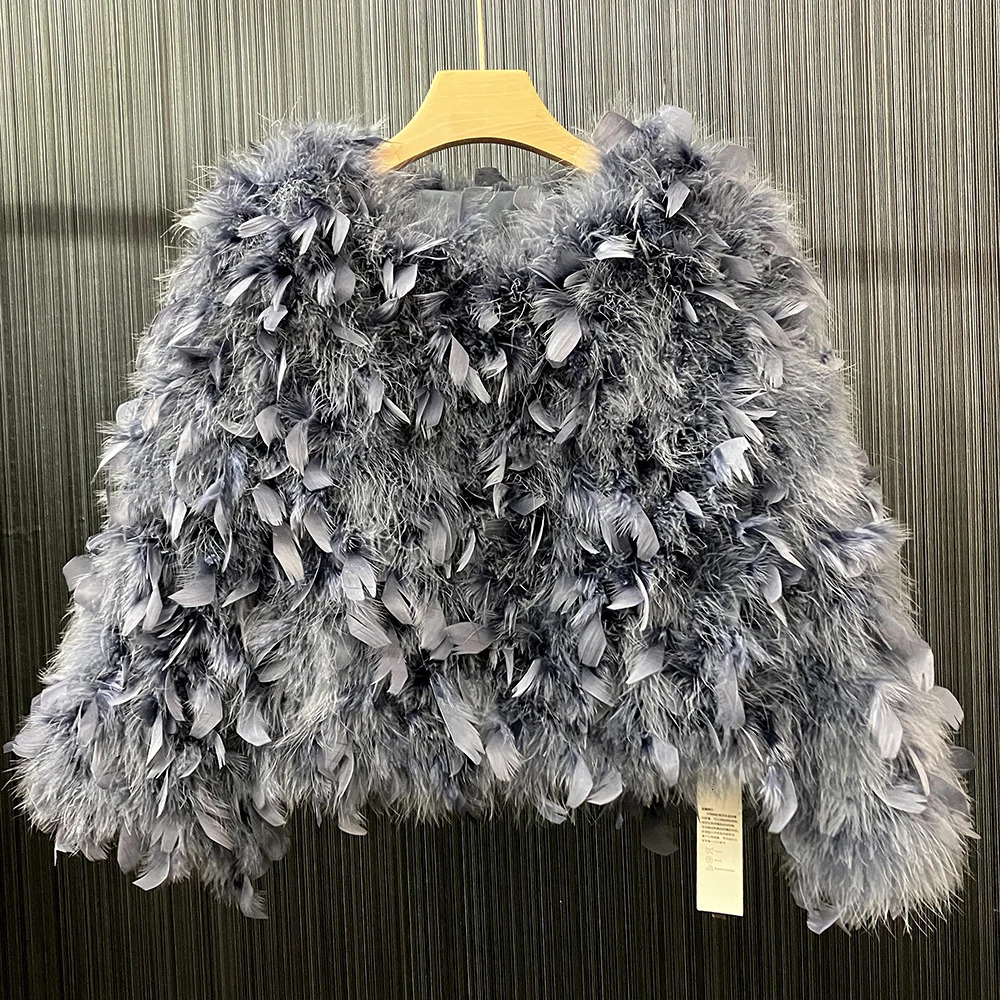 Womens Oriental Feather Jacket Womens Winter Warm Natural Fluffy Fur Coat Fashion Long Sleeve Coat 241115
