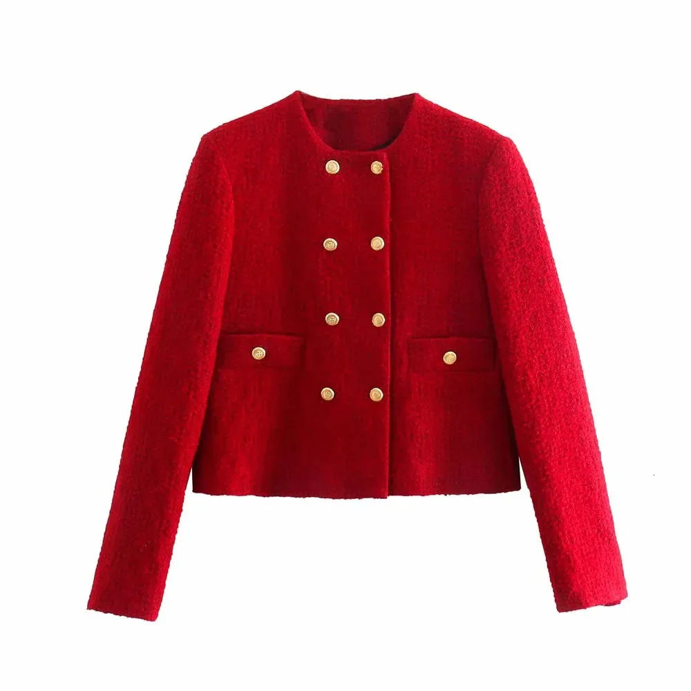 XEASY Tweed Women Two-piece Set Dark Red Vintage Office Lady Double Breasted Blazer Female Slim High Waist Mini Skirt Suit 241114
