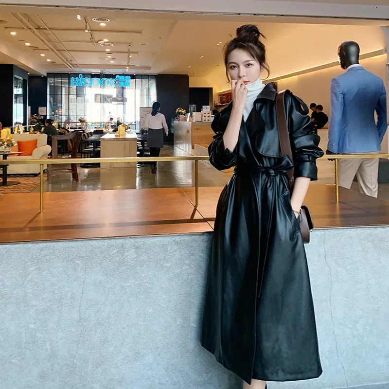 Spring Black Oversized Long Waterproof Leather Trench Coat for Women 2023 Sleeve Loose Korean Fashion Clothing 241115