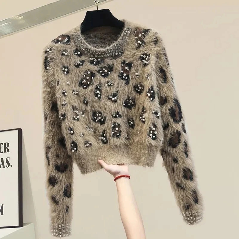 Leopard Pearls Retro mink Knitted O-Neck Long Sleeve Floral Womens Sweater Top Womens Fashion 241115