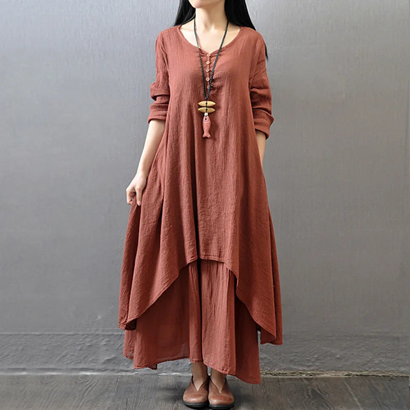 Elegant Dresses For Women Fashion Casual Cotton And Linen Maxi Dress Plus Size Loose Long Sleeve Robe Club Outfits Vestido 240415