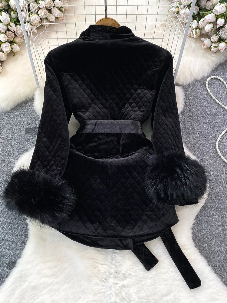 XFPV Womens Velvet Feather Lace Korean Double Chest Jacket with Collar and Long Sleeve Warm Coat Winter SM9917 241115