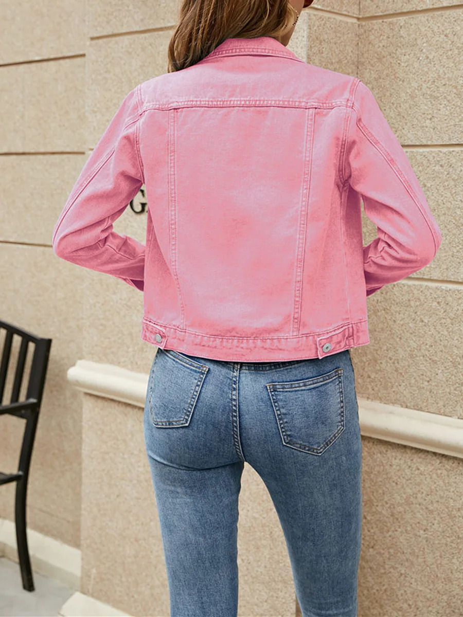 Denim jacket womens solid color black blue yellow pink casual long sleeved button down chest pocket jeans jacket 241115