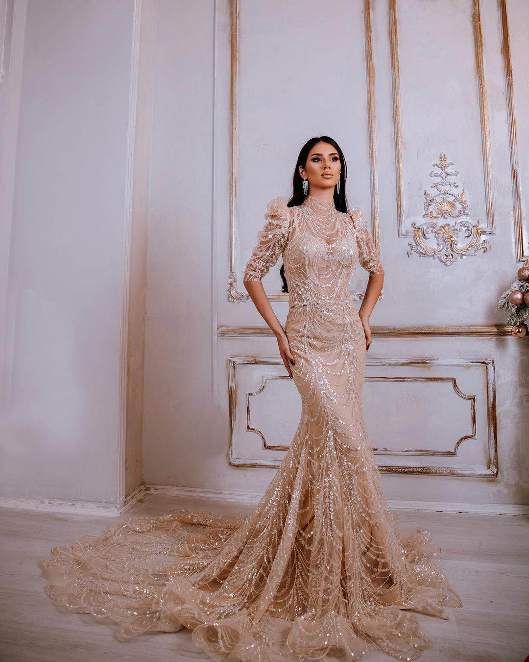 Sexy Mermaid Wedding Dresses For Women High Collar Half Sleeves Bridal Gown Sequins See Through Sweep Train Customized Dress vestidos de novia