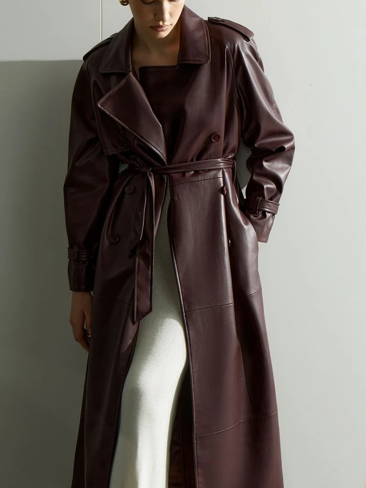 Autumn Winter Burgundy Lace Up Matte Leather Jackets Women Fashion Lapel Button Full Sleeve Long Coats 2024 Street Outerwear 241114