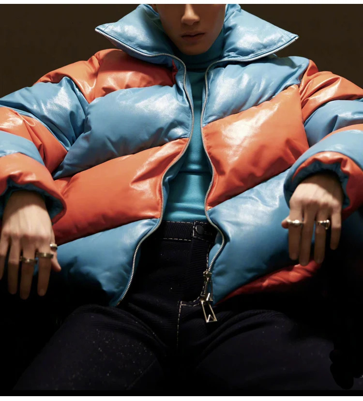 Mens Clothing Top Fashion Spiral Color Matching Leather Warm n Bread Patchwork Winter Casual Jacket ropa hombre 241115