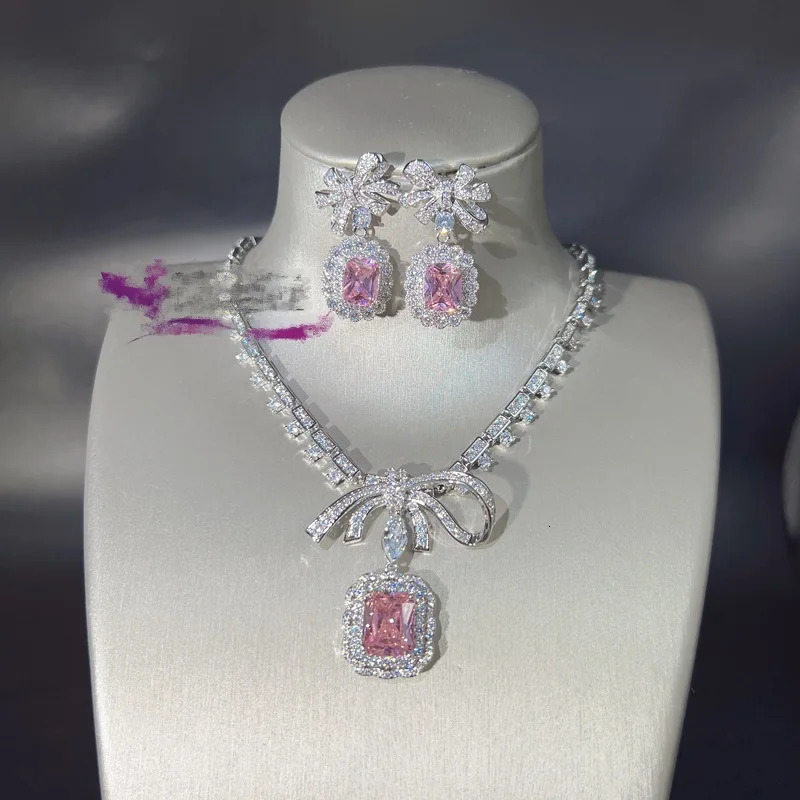Bow Lab Pink Diamond Jewelry Set 14K White Gold Engagement Wedding Earrings Necklace Female Bride Promise Gift 241115
