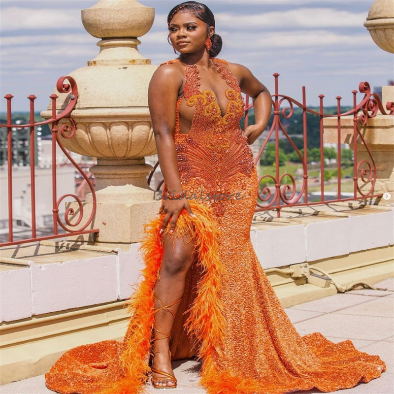 Gorgeous Sequin Orange Prom Dresses With Slit 2024 Plus Size Aso Ebi Mermaid Evening Dress Elegant Black Women Feather Formal Dress Diamond Crystal Ce