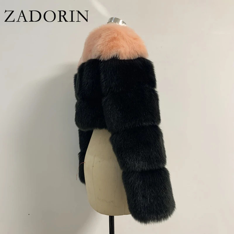 ZADORIN Fashion Cropped Furry Faux Fur Coat Women Short Mixed Color Long Sleeve Front Zipper Faux Fur Jacket Crop Coat 241115