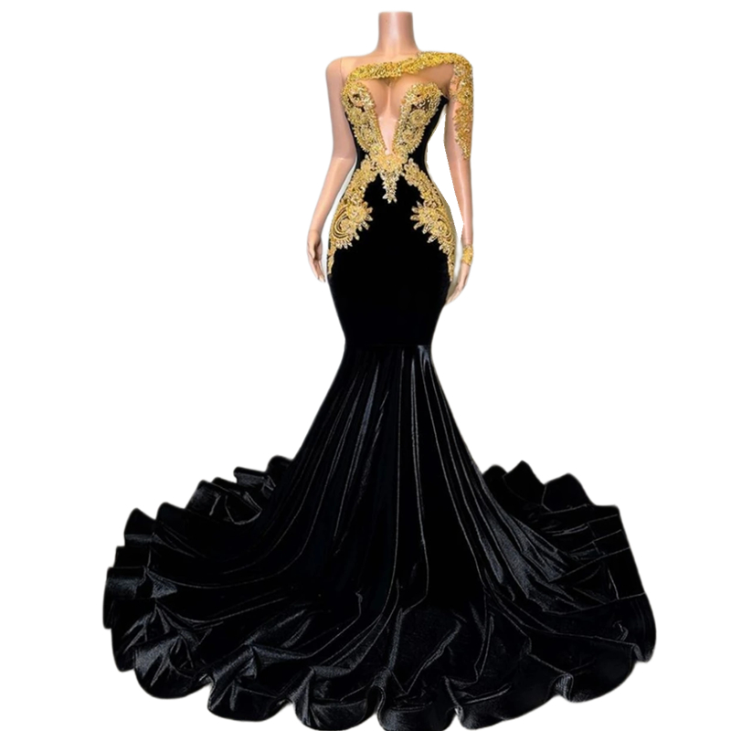 Sexy Arabic African Black Velvet Mermaid Prom Dresses One Shoulder Long Sleeve Evening Gown Gold Lace Appliques Beaded Special Occasion Dress