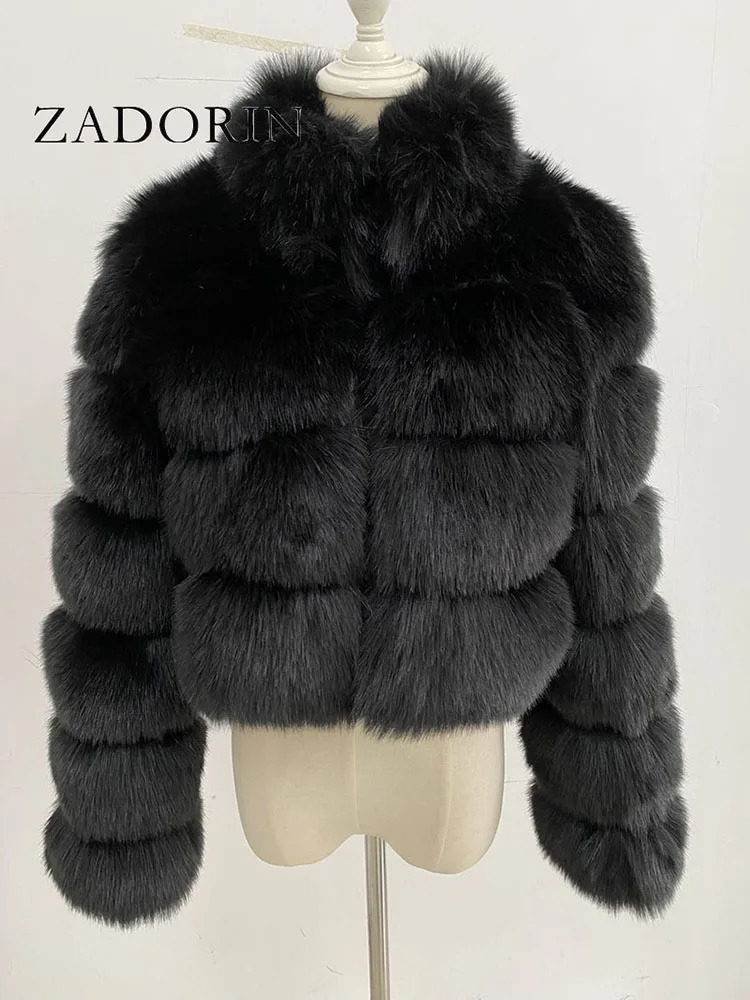 ZADORIN Fashion Short Winter Faux Fox Fur Coat Women Stand Fur Collar Thick Warm Furry Jacket Faux Fur Cropped Top 241115