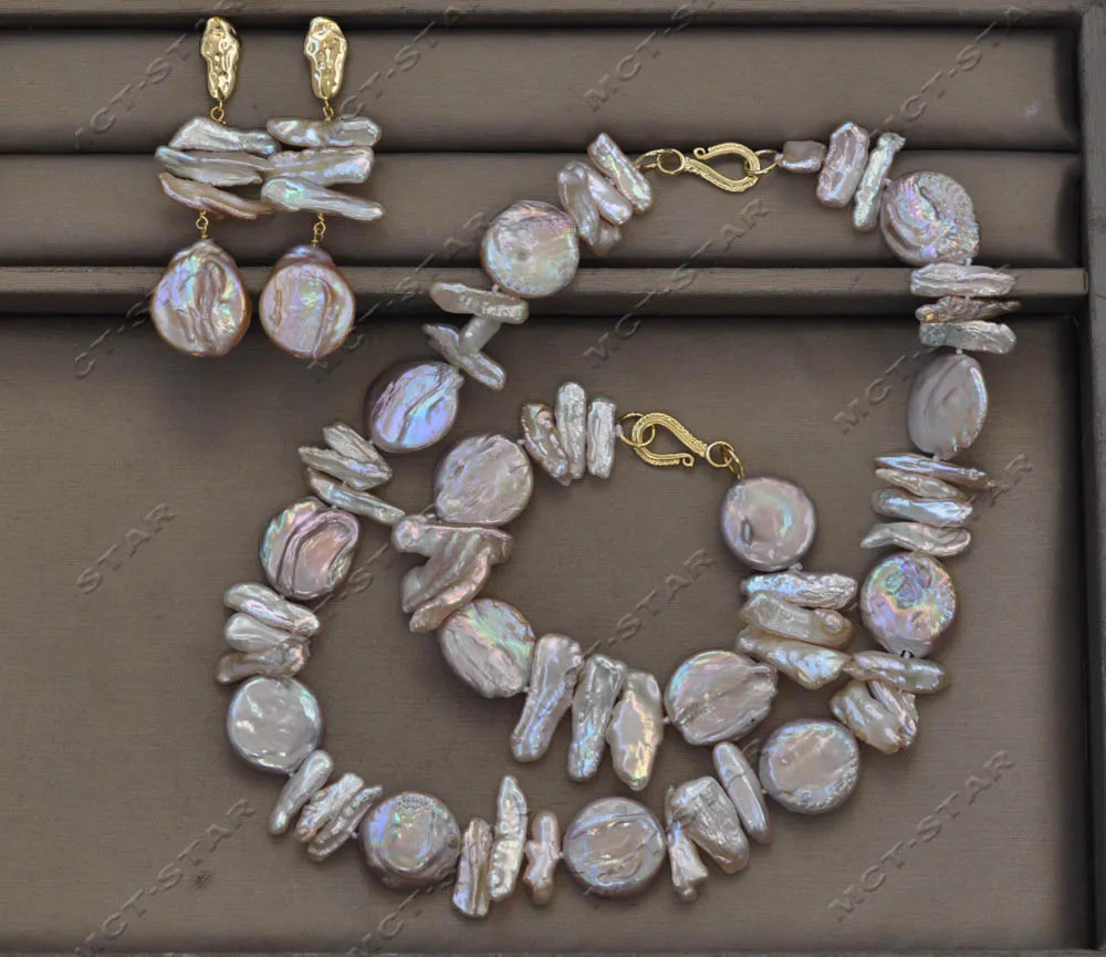 Z13050 Set Natural 20mm Pink Lavender Baroque Coin Pipa Pearl Necklace Bracelet Earrings 241115