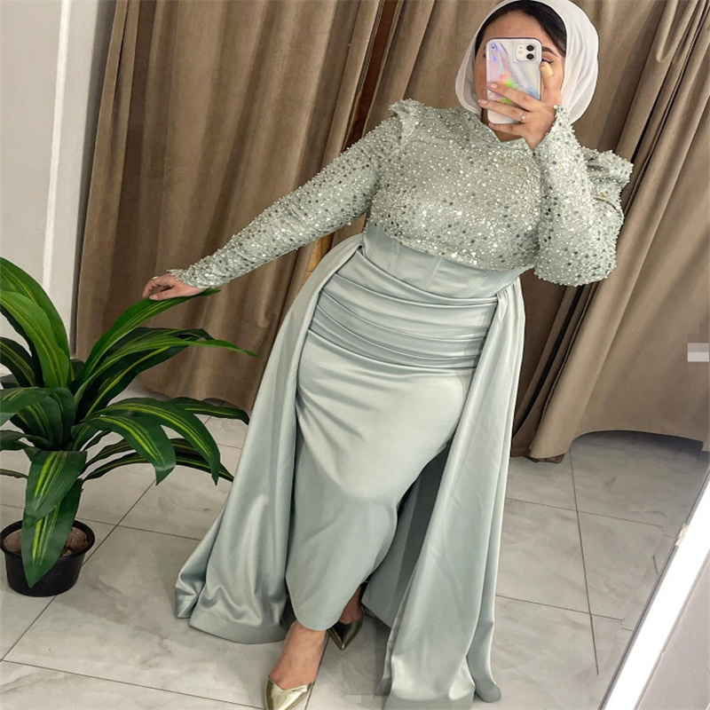 Silver Sequin Evening Dress With Overskirt Elegant Mermaid Arabia Dubai Prom Dresses Muslim Birthday Party Gown 2025 Robes Soiree Femmes Vestio De Fie