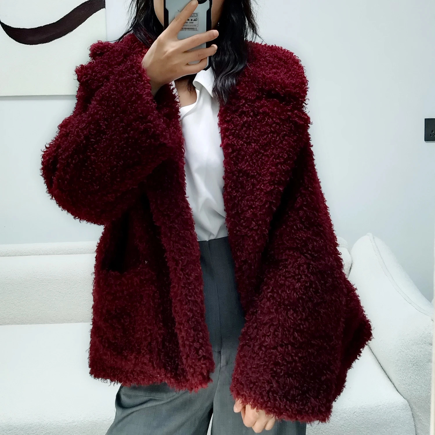 Womens Burgundy Fluffy Faux Lamb Curly Fur Jacket Furry Coat Winter 2025 241115