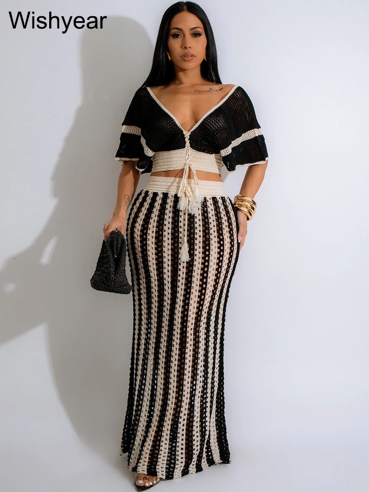 Elegant Knitted Crochet Beach Black Stripe Two 2 Pieces Women Crop Tops and Long Skirts Matching Set Holiday Birthday Outfits 241114