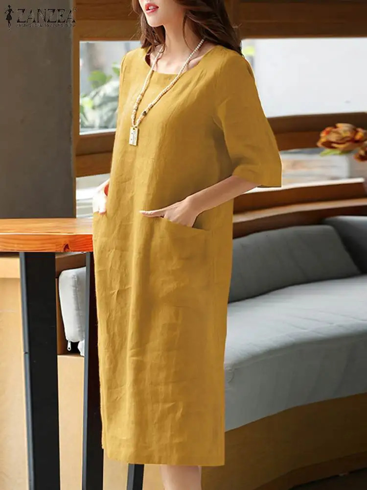 ZANZEA Summer O Neck Half Sleeve Sundress Women Vintage Solid Cotton Dress Robe Femme Casual Loose Beach Vestido Kaftan 240415